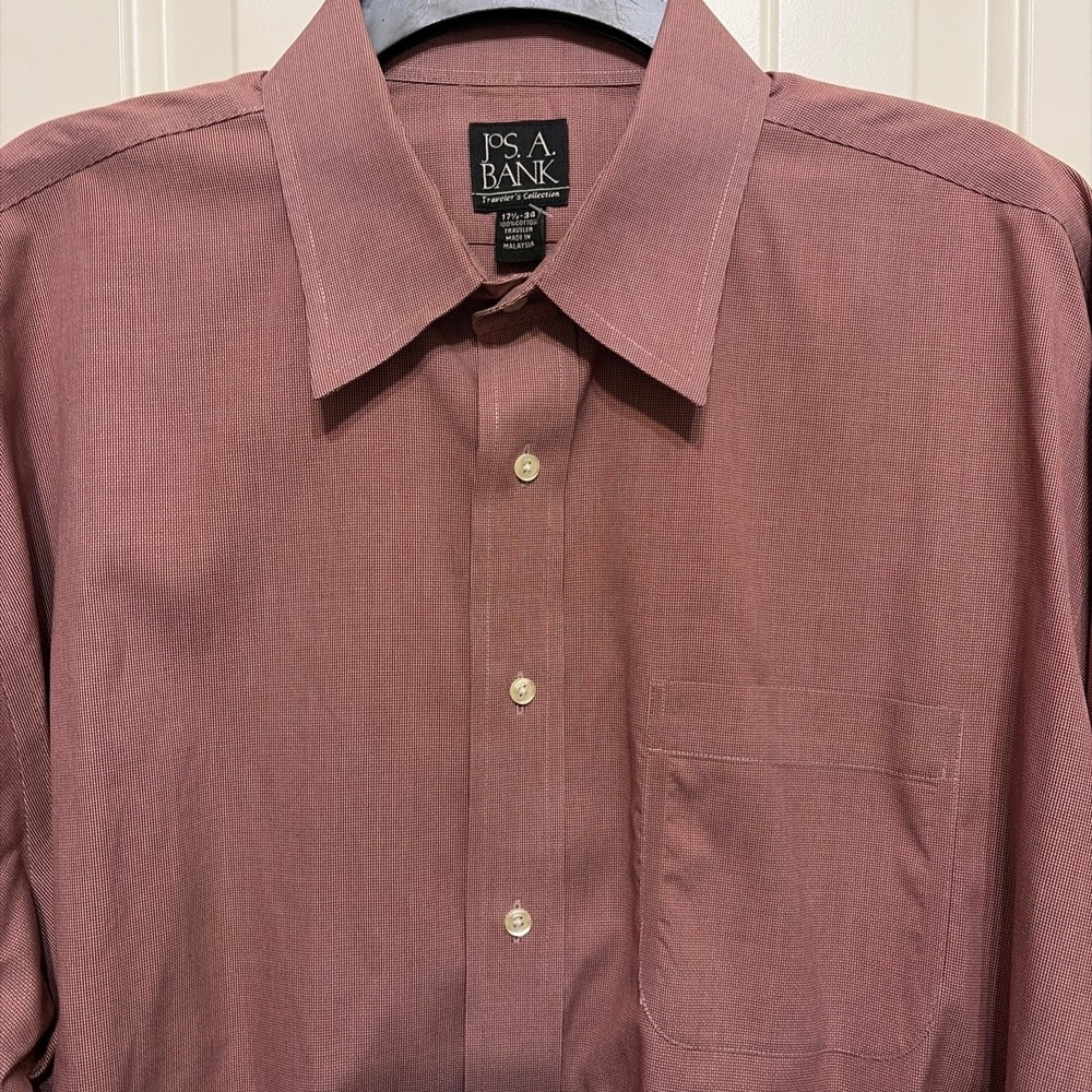 Jos. A. Bank Travelers Collection Mens 17.5 34 Burgundy Micro Check Dress Shirt